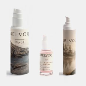Belvoq No.01 Essential Cleanser, No.02 Cell Renewal Serum and No.04 Peptide Renewal Cream, side by side