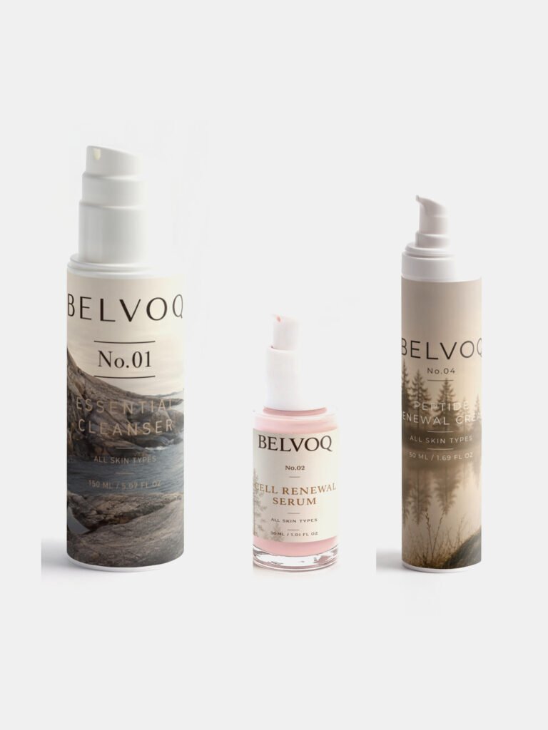 Belvoq No.01 Essential Cleanser, No.02 Cell Renewal Serum and No.04 Peptide Renewal Cream, side by side