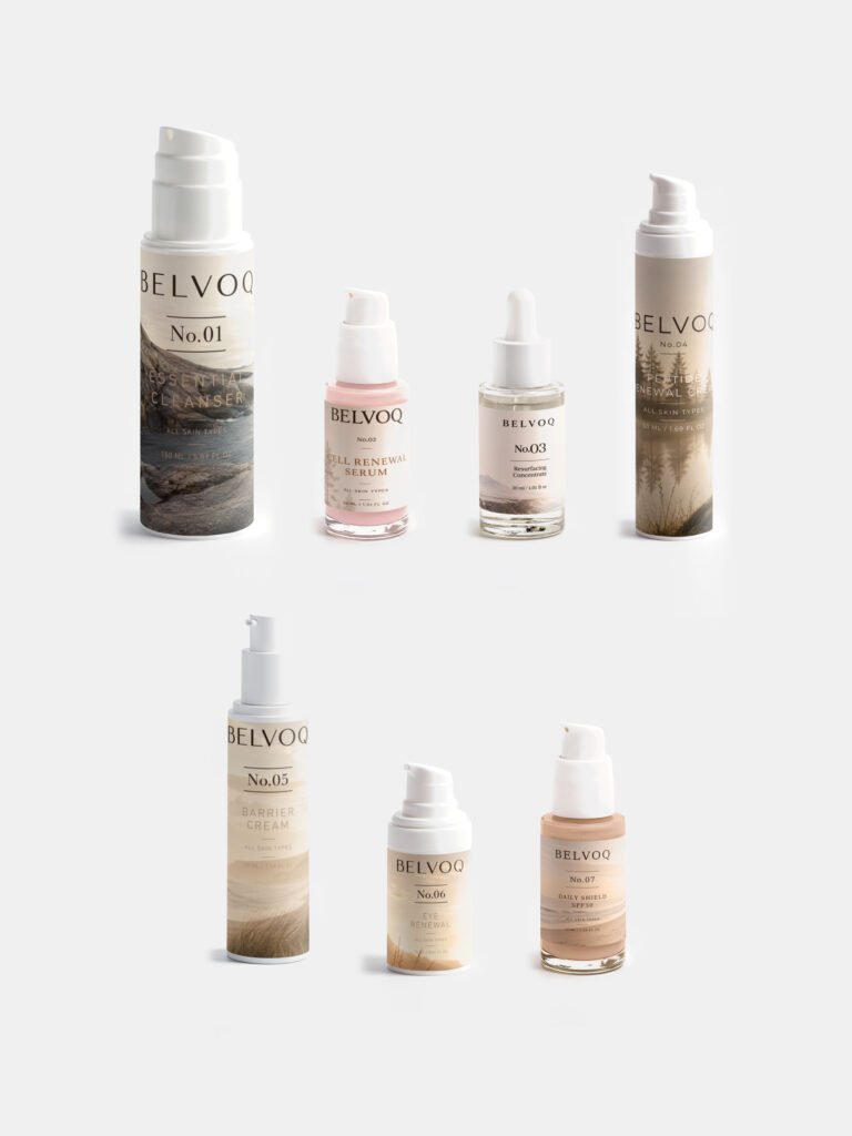 The complete Belvoq range, all seven products from No.01 to No.07